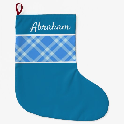 プレイ素朴ドパターンスカイブルー名前をカスタムする ラージクリスマスストッキング (正面)