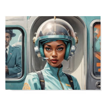 プレキシグラスのヘルメットをかぶった1950年代のレトロフューチャリズムの黒人女性