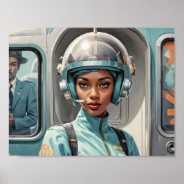 プレキシグラスのヘルメットをかぶった1950年代のレトロフューチャリズムの黒人女性 ポスター