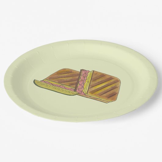 プレスされたキューバサンドイッチハムチーズサラミPIckle ペーパープレート (アングル)