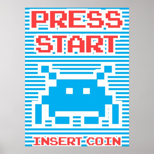 プレススタート、コインの挿入、アーケードゲーム、青ストライプい ポスター (正面)