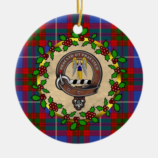 プレストンクランバッジ&タータンチェックパーソナライズされたクリスマス セラミックオーナメント (正面)