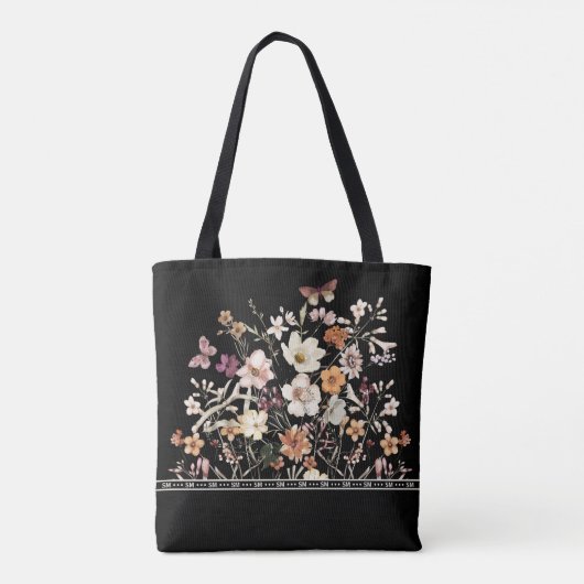 プレスワイルドフラワーズコテージコアモノグラムブラック トートバッグ (裏面)