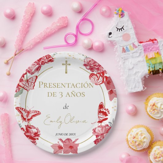 プレゼンタシオン3アニオス紙プレートバターフリスレッド ペーパープレート (パーティー)