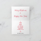 プレゼントが積まれた赤いクリスマスカー　その上には木が、 カード (内部)