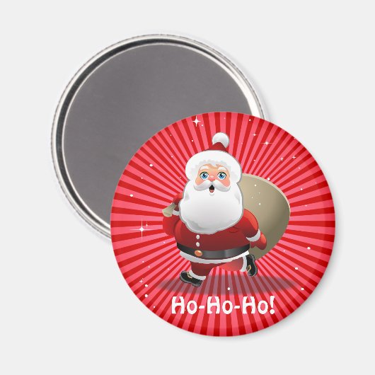 プレゼントたっぷりのサックを持つかわいいサンタクロース マグネット (正面/裏面)