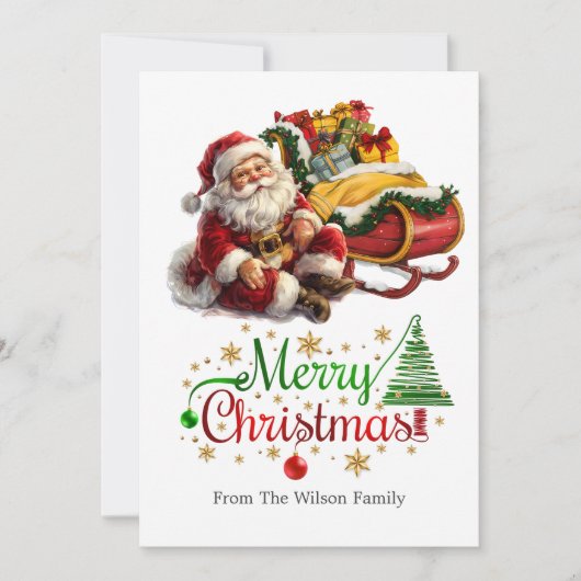 プレゼントでいっぱいのそりを引くサンタクロースのクリスマス シーズンカード (正面)