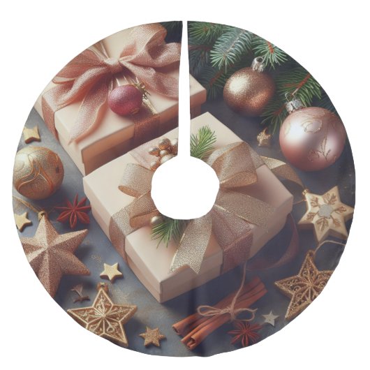 プレゼントとクリスマスオーナメント ブラッシュドポリエステルツリースカート (正面)