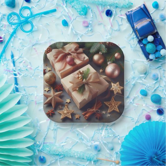 プレゼントとクリスマスオーナメント ペーパープレート (パーティー)