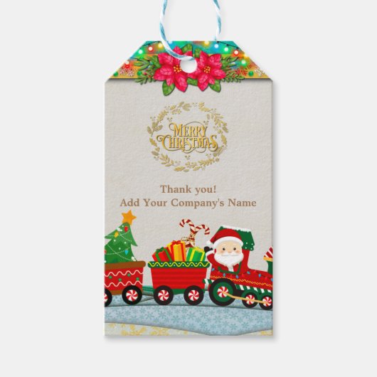 プレゼントとクリスマスツリーを乗せた汽車のサンタクロース ギフトタグ (正面)