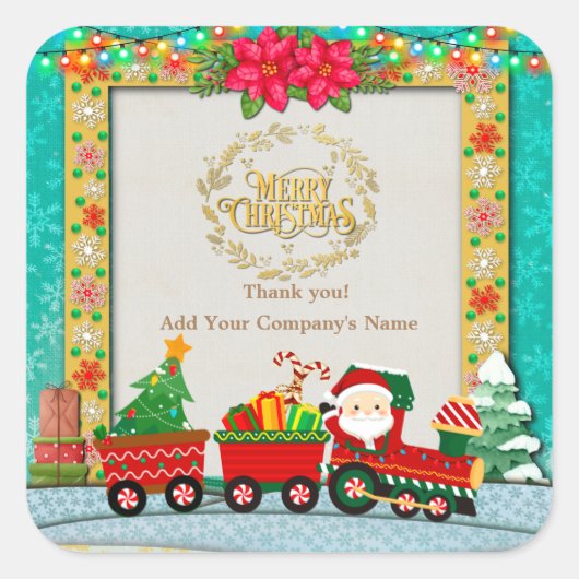 プレゼントとクリスマスツリーを乗せた汽車のサンタクロース スクエアシール (正面)