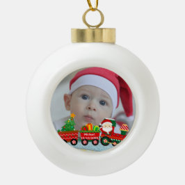 プレゼントとクリスマスツリーを乗せた汽車のサンタクロース セラミックボールオーナメント