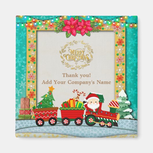 プレゼントとクリスマスツリーを乗せた汽車のサンタクロース マグネット (正面)