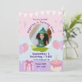プレゼントとケーキ |ピンクパープルガールズバースデーパーティー 招待状 (スタンド正面)