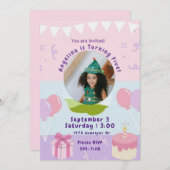 プレゼントとケーキ |ピンクパープルガールズバースデーパーティー 招待状 (正面/裏面)