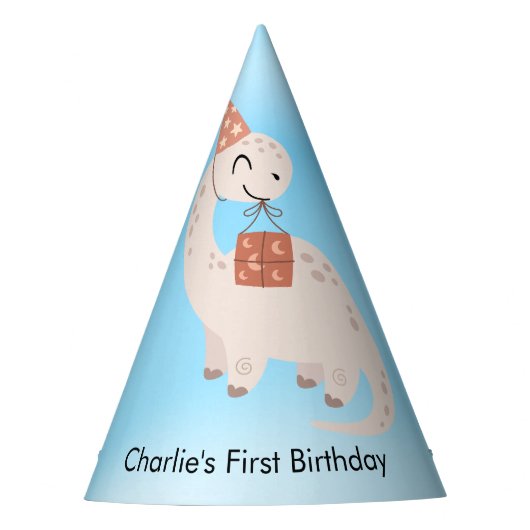 プレゼントとハッピーホワイトブラチオサウルス恐竜 パーティーハット (正面)