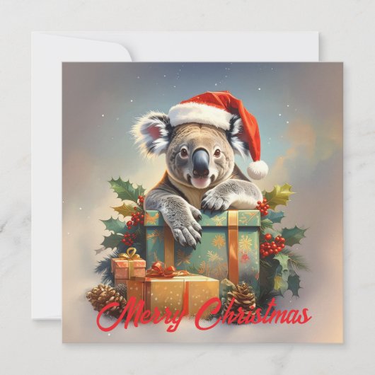 プレゼントとヒイラギを持つメリークリスマスコアラ シーズンカード (正面)