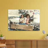 プレゼントと木を持つ小さな女の子 キャンバスプリント (インサイチュ (リビング))