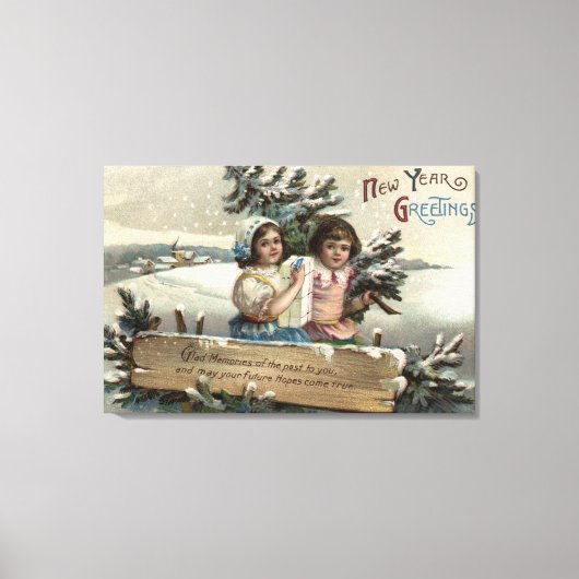 プレゼントと木を持つ小さな女の子 キャンバスプリント (正面)