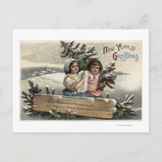 プレゼントと木を持つ小さな女の子 ポストカード (正面)