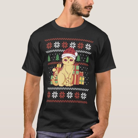 プレゼントと雪の結晶のクリスマスセーター 猫 X Tシャツ (正面)