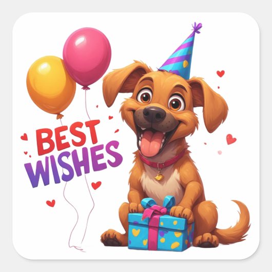 🐶 プレゼントと風船でお誕生日おめでとう犬 スクエアシール (正面)