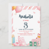 プレゼントと風船ピンクガール誕生日パーティー 招待状 (正面)