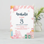 プレゼントと風船ピンクガール誕生日パーティー 招待状 (スタンド正面)