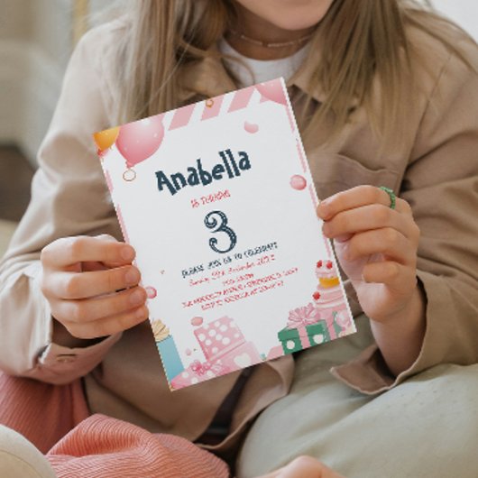 プレゼントと風船ピンクガール誕生日パーティー 招待状