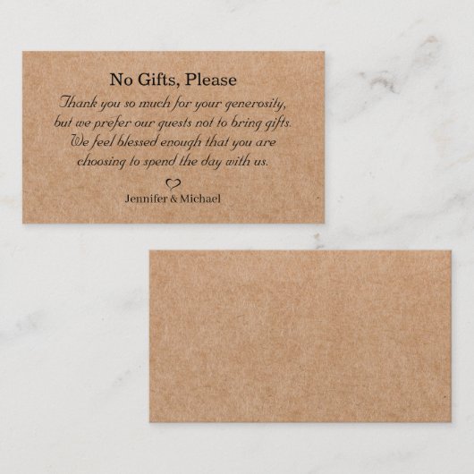 プレゼントなし喜びに注意するウェディングギフトkraft brown エンクロージャーカード (正面/裏面)
