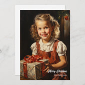 プレゼントに微笑むヴィンテージクリスマスの少女 シーズンカード (正面/裏面)