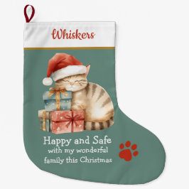プレゼントの上に寝ている猫のクリスマス靴下 - あたたかくて快適 ラージクリスマスストッキング