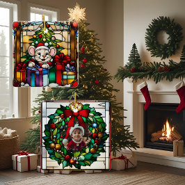 プレゼントの中のクリスマスマウス 偽ステンドグラス セラミックオーナメント