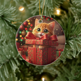 プレゼントの箱から顔を出す猫 クリスマス セラミックオーナメント