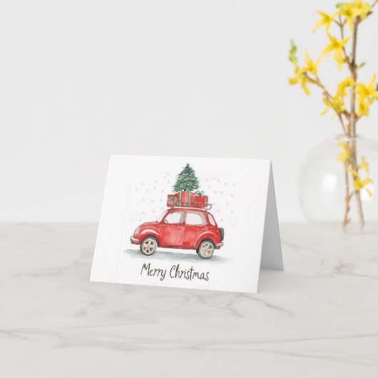 プレゼントの赤いクリスマスカー  ,  上に木 カード (黄色い花)