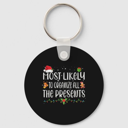 プレゼントを全部整理する家族のクリスマスTシャツ キーホルダー (正面)