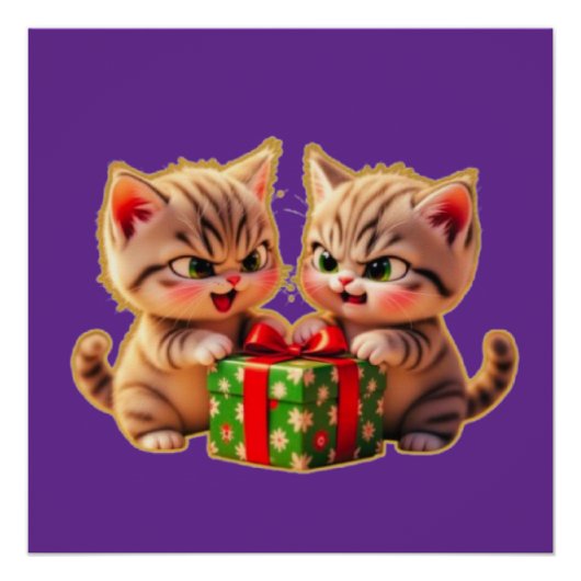 **プレゼントを取り合うかわいい子猫たち - 楽しいクリスマス ポスター (正面)