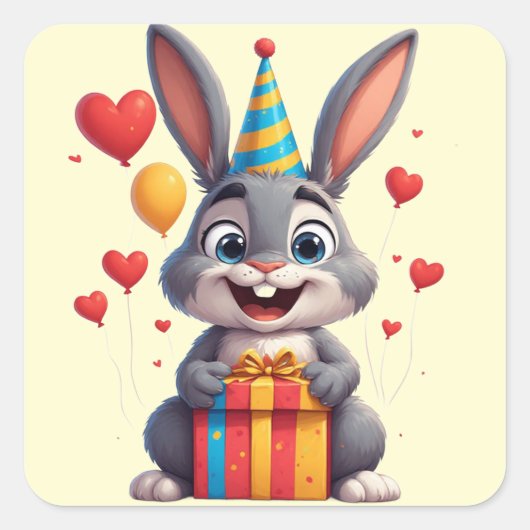 🐇 プレゼントを持ったうさぎの誕生日 スクエアシール (正面)