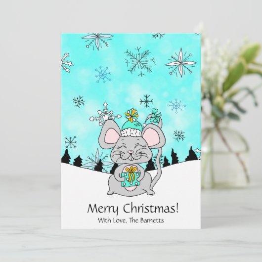 プレゼントを持ったかわいい小さなクリスマスマウス カード (スタンド正面)