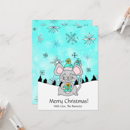 プレゼントを持ったかわいい小さなクリスマスマウス カード (正面/裏面インサイチュ)