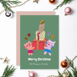 プレゼントを持ったかわいい猫たち モスグリーンのクリスマス シーズンカード