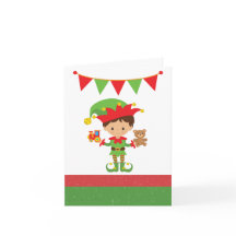 プレゼントを持ったエルフと白い背景のクリスマスカード