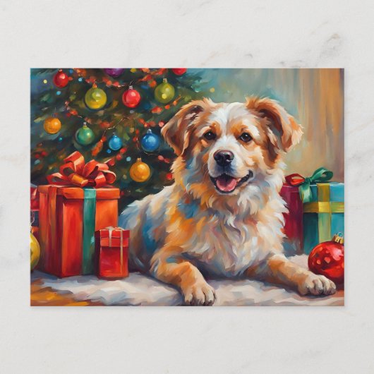 プレゼントを持ったクリスマスの犬 シーズンポストカード (正面)
