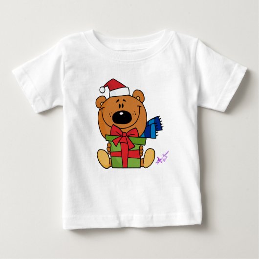 プレゼントを持ったサンタベアの幼児用ロングフロー袖Tシャツ ベビーTシャツ (正面)
