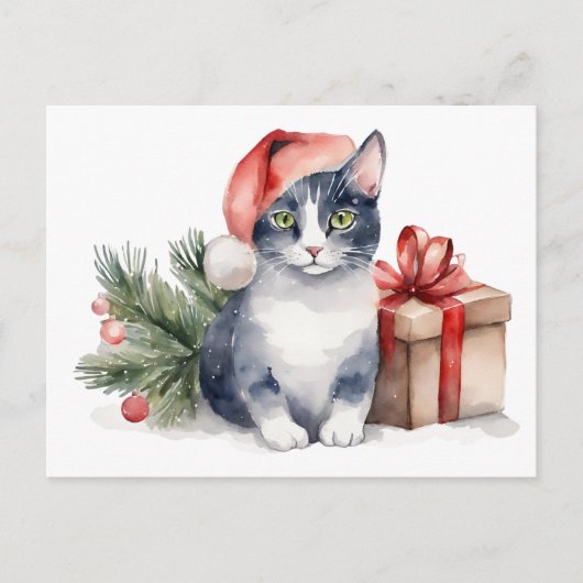 プレゼントを持った水彩クリスマス猫 シーズンポストカード (正面)