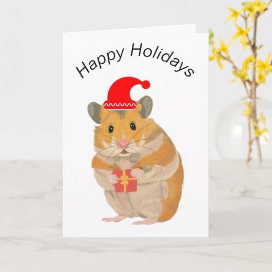プレゼントを持っているかわいい小さなクリスマスハムスター カード (黄色い花)