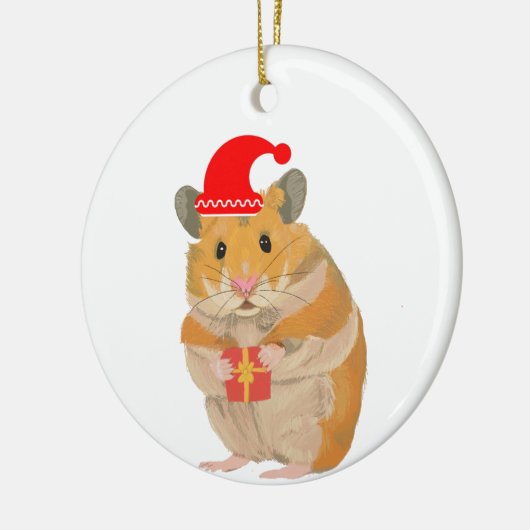 プレゼントを持っているかわいい小さなクリスマスハムスター セラミックオーナメント (左)
