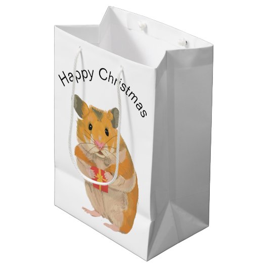 プレゼントを持っているかわいい小さなクリスマスハムスター ミディアムペーパーバッグ (正面アングル)