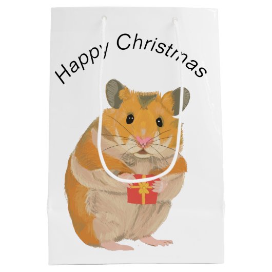 プレゼントを持っているかわいい小さなクリスマスハムスター ミディアムペーパーバッグ (裏面)