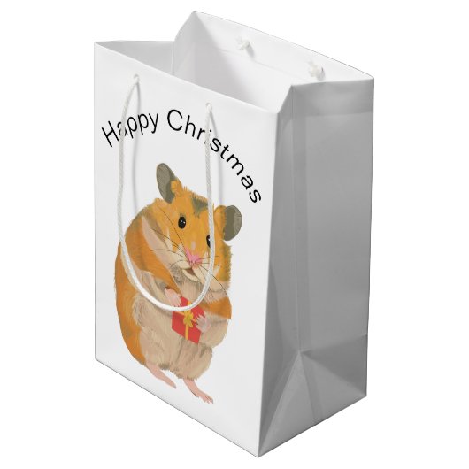 プレゼントを持っているかわいい小さなクリスマスハムスター ミディアムペーパーバッグ (裏面アングル)